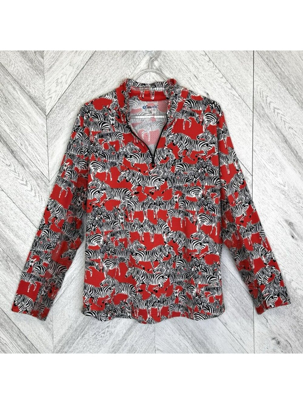 IBKUL Golf 1/4 Zip Shirt Womens XL Red Zebra Print Mock Neck Long Sleeve